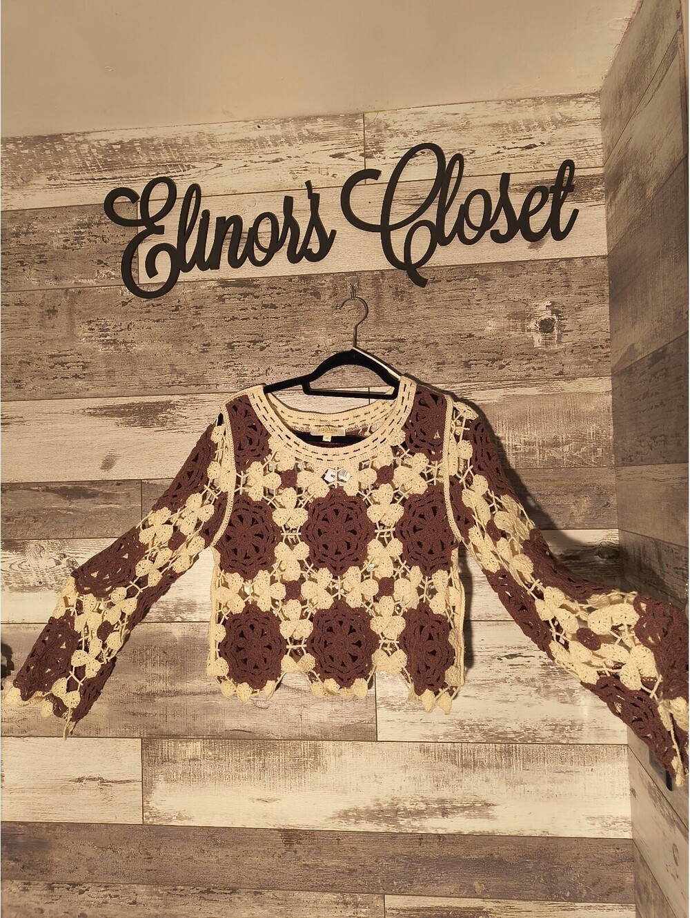 NWT Rebellion Crochet Floral Sweater Brown Cream Boho Open Knit Medium